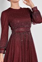 Tesettür giyim BORDO PUL PAYETLİ SİMLİ ABİYE ELBİSE 9810