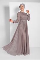Tesettür giyim VİZON PUL PAYETLİ SİMLİ ABİYE ELBİSE 9810