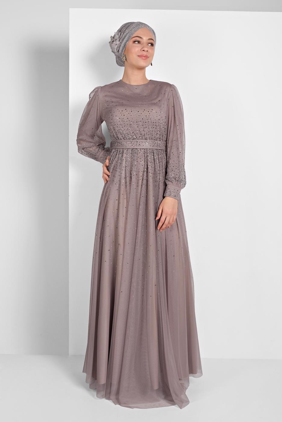 Tesettür giyim VİZON PUL PAYETLİ SİMLİ ABİYE ELBİSE 9810