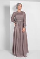 Tesettür giyim VİZON PUL PAYETLİ SİMLİ ABİYE ELBİSE 9810