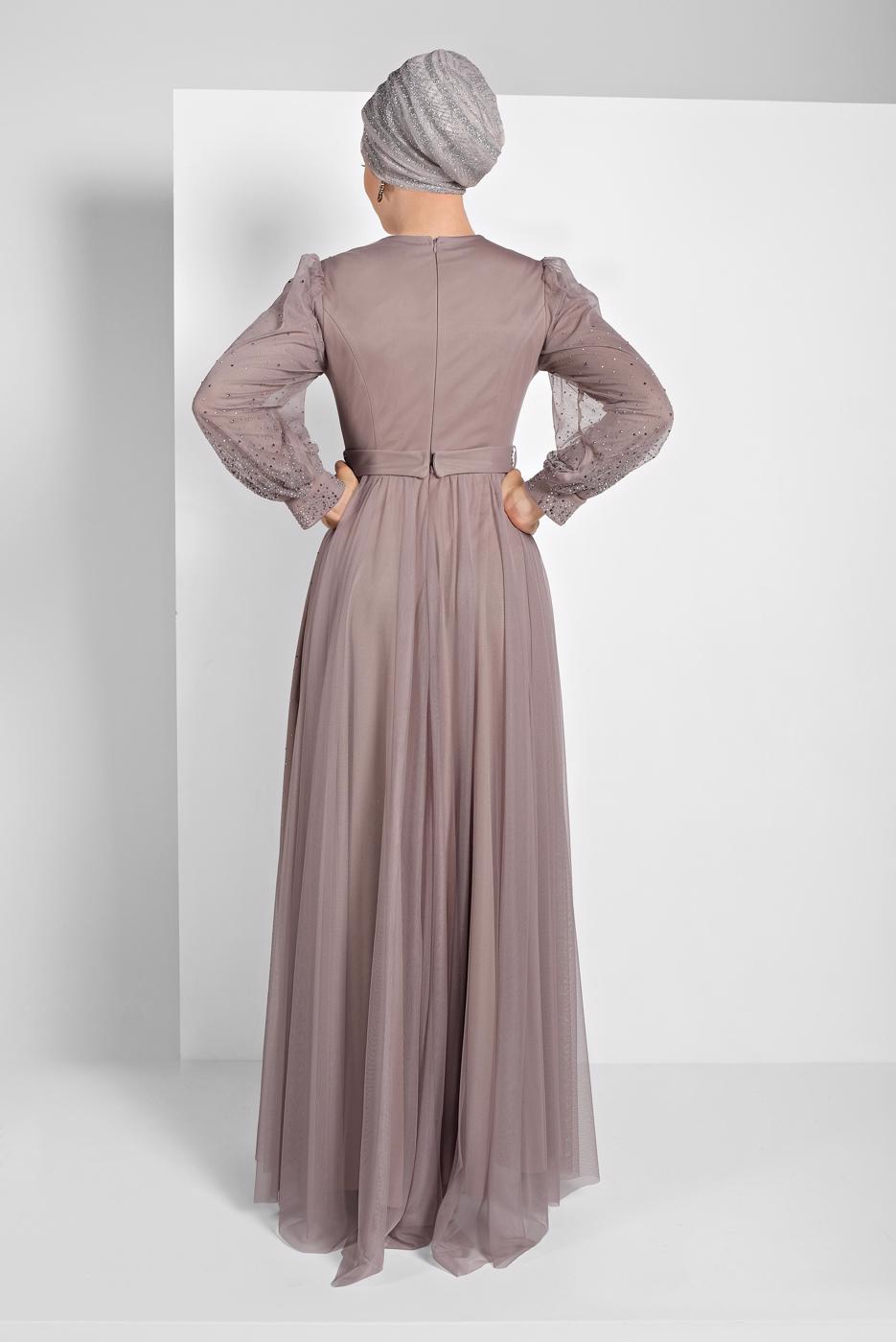 Tesettür giyim VİZON PUL PAYETLİ SİMLİ ABİYE ELBİSE 9810