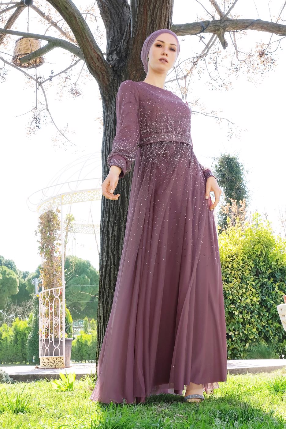 Tesettür giyim PEMBE PUL PAYETLİ SİMLİ ABİYE ELBİSE 9810