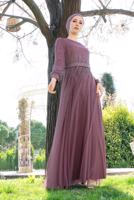 Tesettür giyim PEMBE PUL PAYETLİ SİMLİ ABİYE ELBİSE 9810
