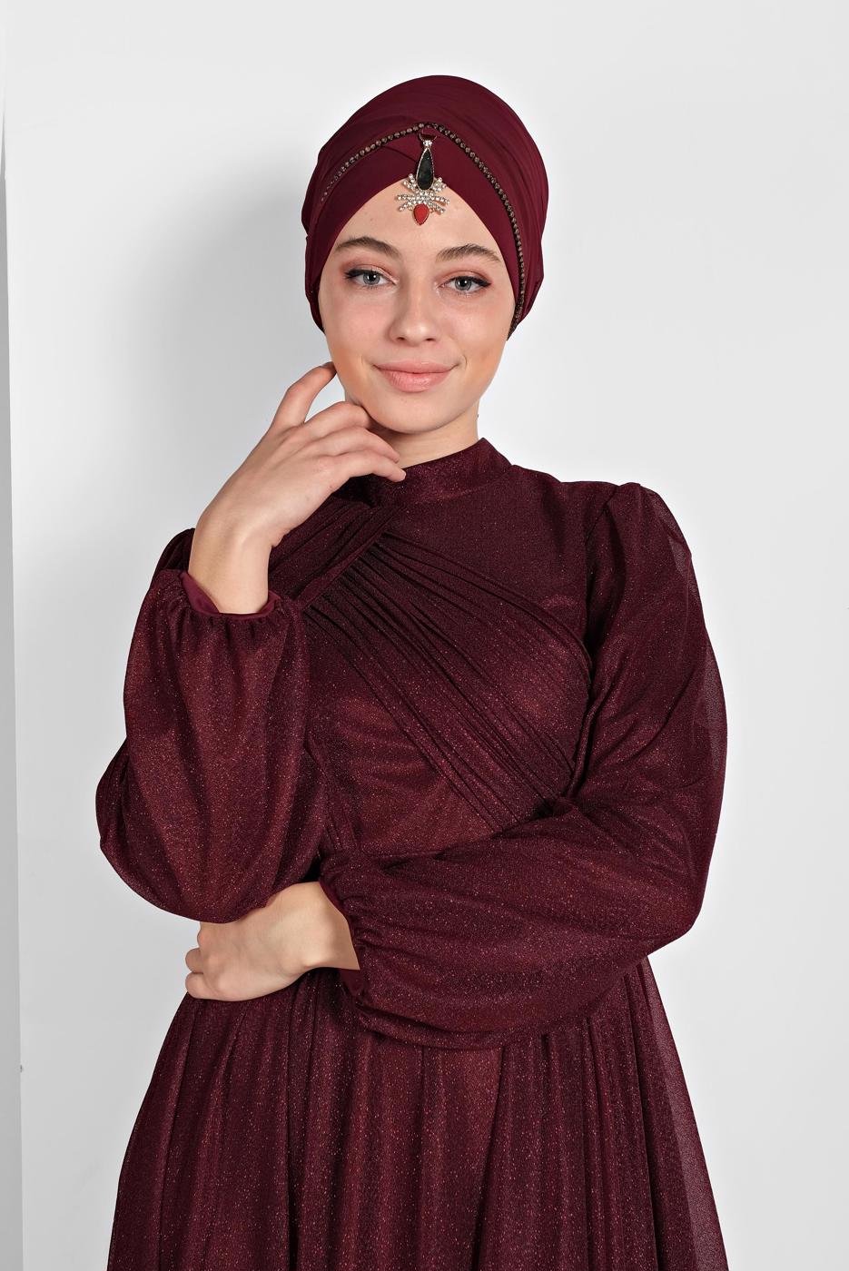 Hijab clothing CLARET RED PLEATED-SKIRT NIGHTDRESS 9910