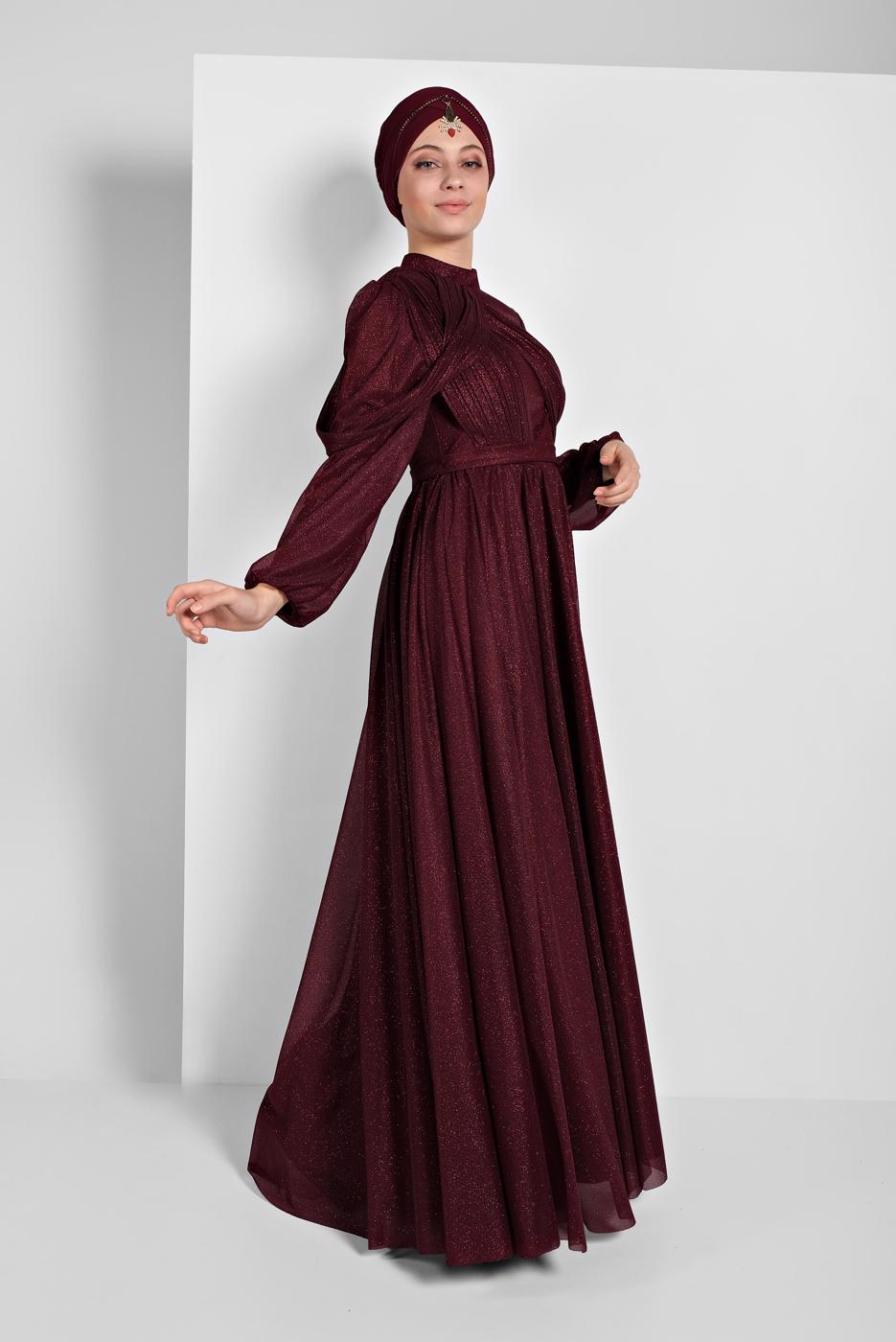 Vêtements hijab ROUGE BORDEAUX ROBE SOIRÉE EN PLISSÉE 9910