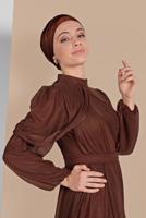 Tesettür giyim KAHVE PİLİSELİ SİMLİ ABİYE ELBİSE 9910