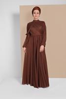 Tesettür giyim KAHVE PİLİSELİ SİMLİ ABİYE ELBİSE 9910