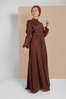 Tesettür giyim KAHVE PİLİSELİ SİMLİ ABİYE ELBİSE 9910