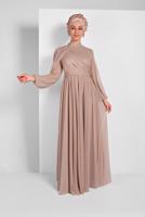 Tesettür giyim PUDRA PİLİSELİ SİMLİ ABİYE ELBİSE 9910