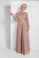 Tesettür giyim PUDRA PİLİSELİ SİMLİ ABİYE ELBİSE 9910