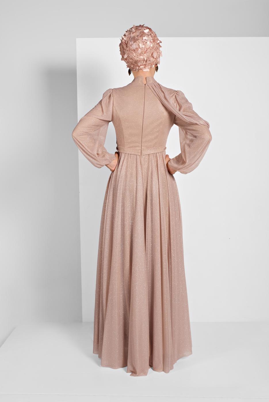 Tesettür giyim PUDRA PİLİSELİ SİMLİ ABİYE ELBİSE 9910