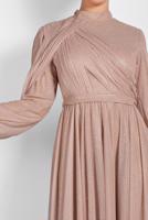 Tesettür giyim PUDRA PİLİSELİ SİMLİ ABİYE ELBİSE 9910