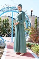 Tesettür giyim YEŞİL PİLİSELİ SİMLİ ABİYE ELBİSE 9910