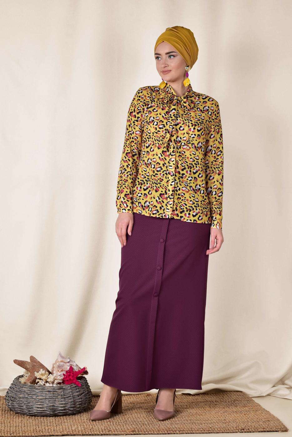 Tesettür giyim SARI ALVİNA MİX DESENLİ FİYONK YAKA BLUZ 4083