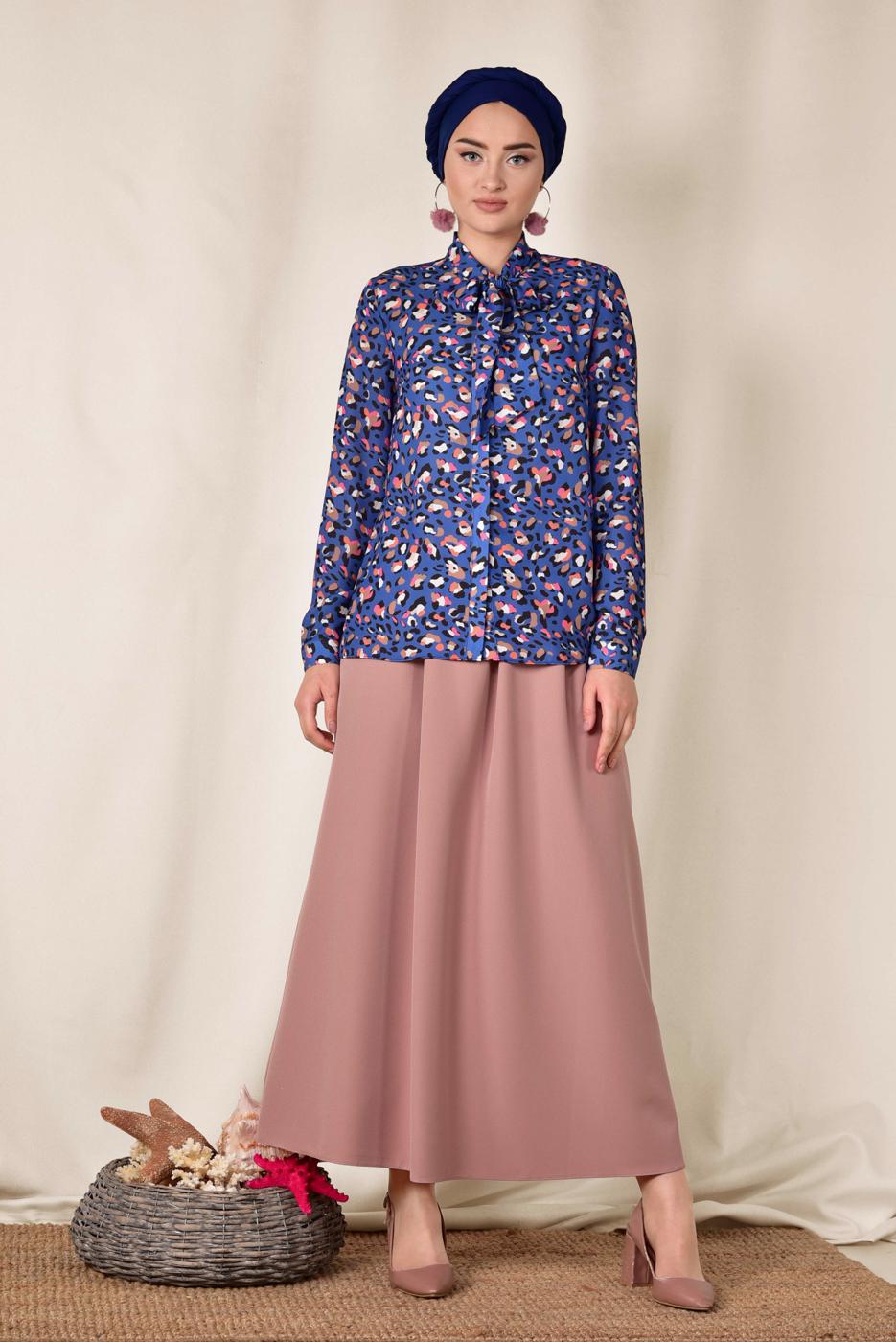 Tesettür giyim LACİVERT ALVİNA MİX DESENLİ FİYONK YAKA BLUZ 4083