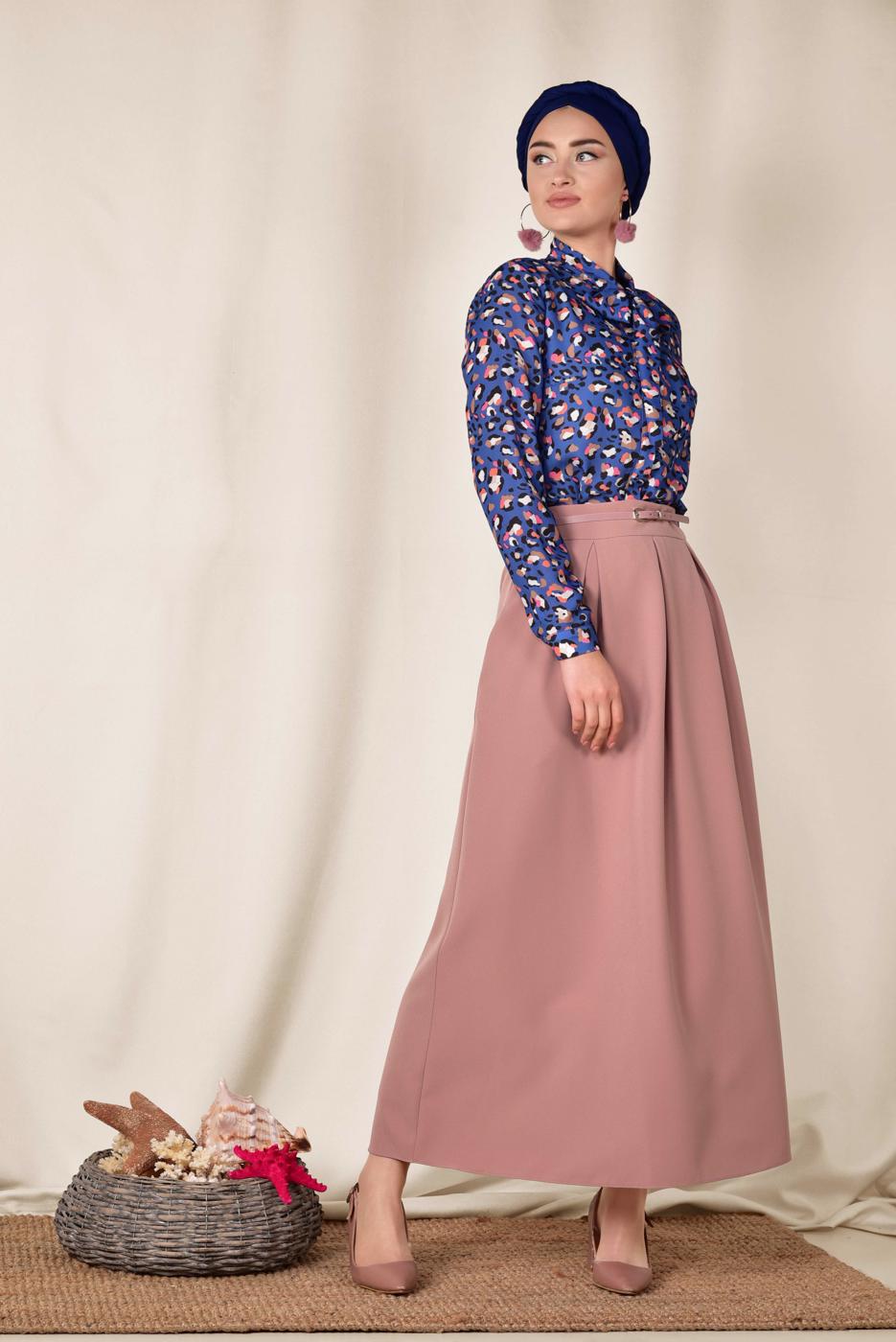 Tesettür giyim LACİVERT ALVİNA MİX DESENLİ FİYONK YAKA BLUZ 4083