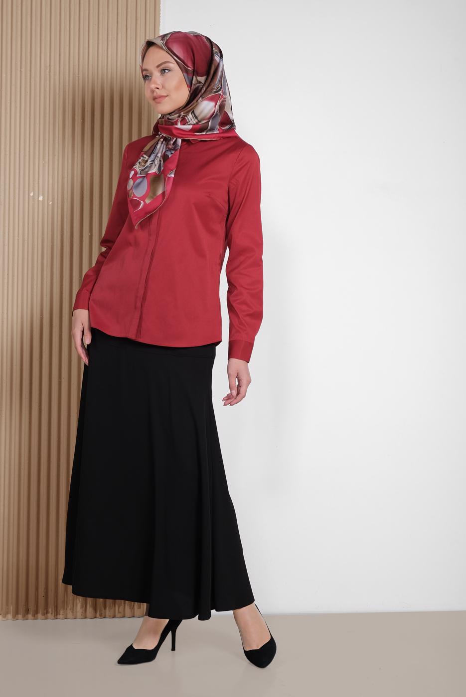 Tesettür giyim BORDO ALVİNA GİZLİ DÜĞMELİ KLASİK BLUZ 4093