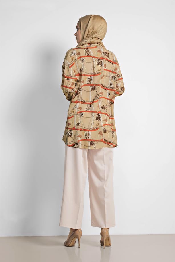 Tesettür giyim KAHVE ALVİNA ETEK UCU VOLANLI MİX DESENLİ BLUZ 4116 - TRENDTESETTÜR