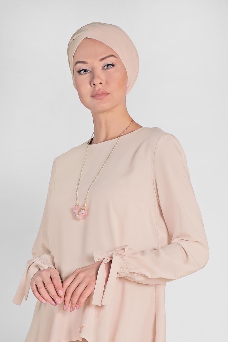 Tesettür giyim BEJ ALVİNA KOL KISMI BAĞCIKLI BLUZ 4190