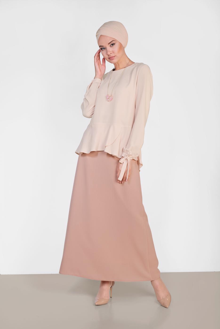Tesettür giyim BEJ ALVİNA KOL KISMI BAĞCIKLI BLUZ 4190