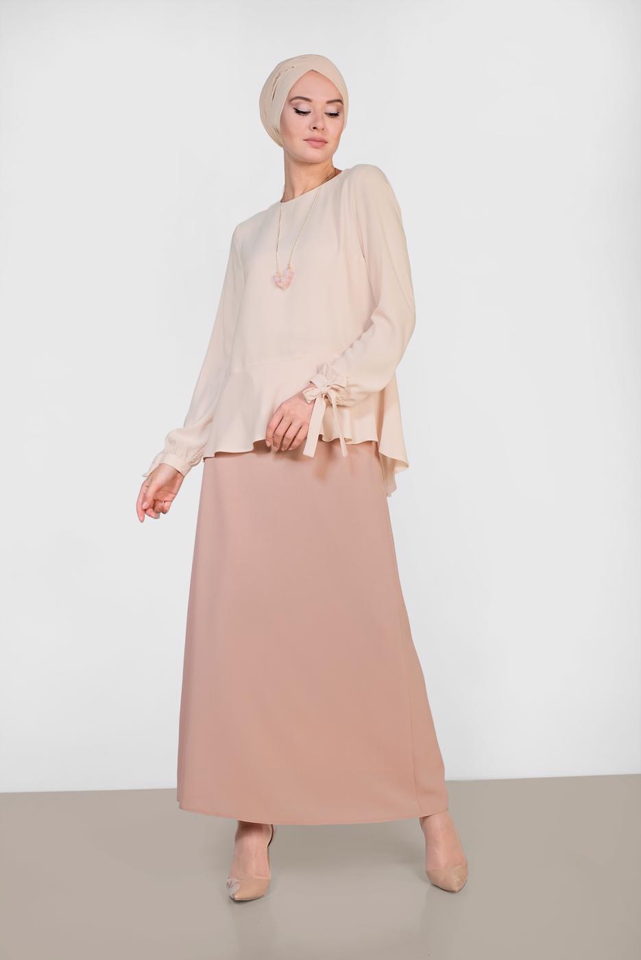 Tesettür giyim BEJ ALVİNA KOL KISMI BAĞCIKLI BLUZ 4190