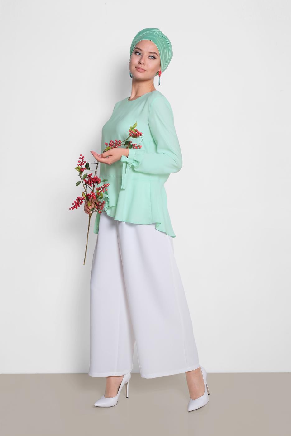 Tesettür giyim YEŞİL ALVİNA KOL KISMI BAĞCIKLI BLUZ 4190