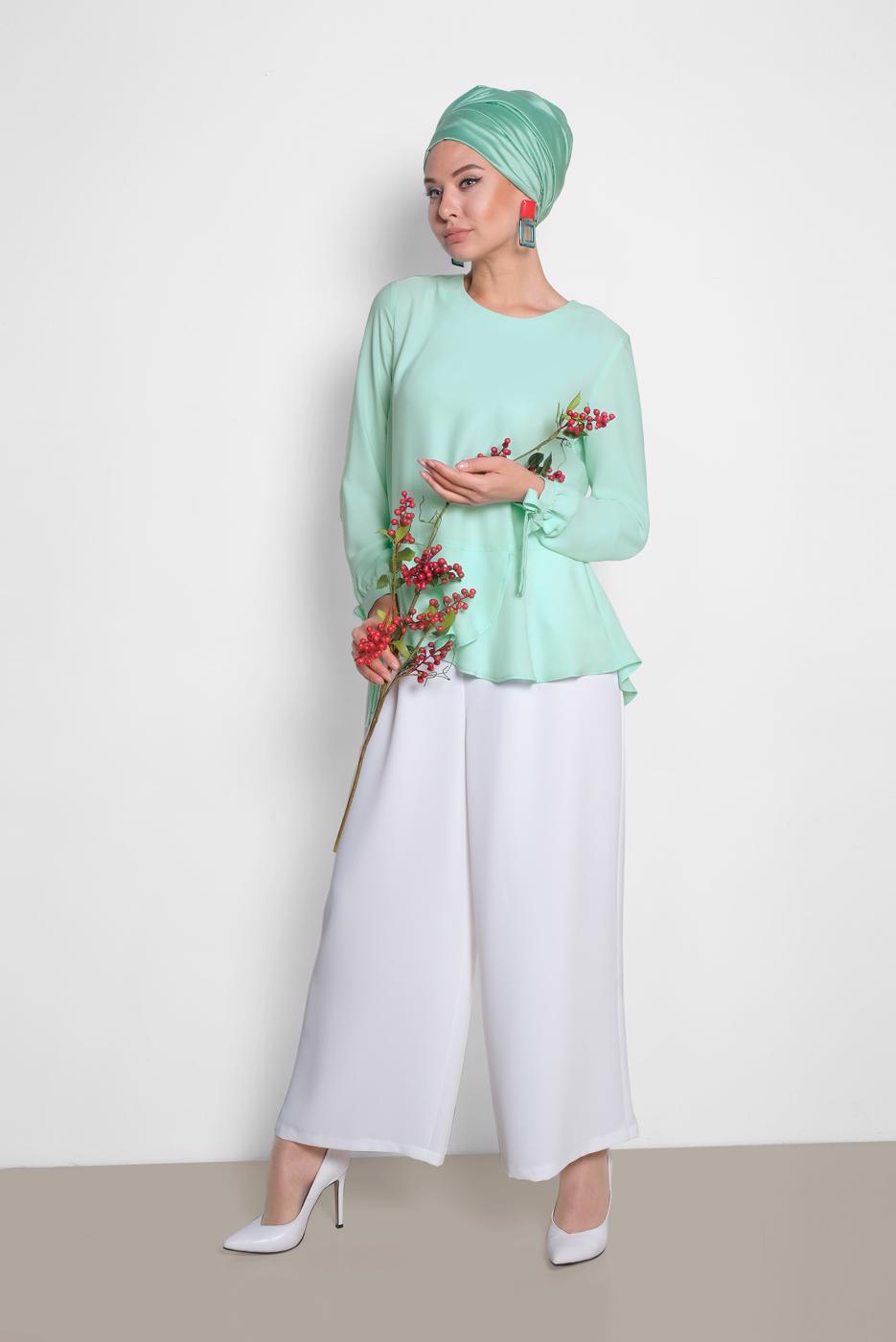 Tesettür giyim YEŞİL ALVİNA KOL KISMI BAĞCIKLI BLUZ 4190