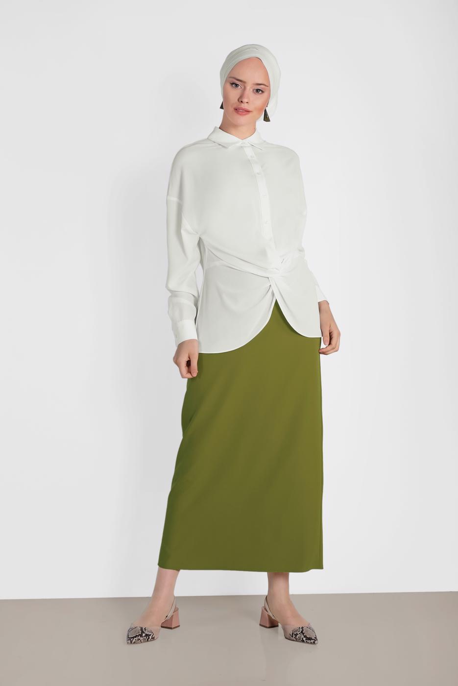 Tesettür giyim KREM ALVİNA ÖNDEN BÜZGÜLÜ BLUZ 4281