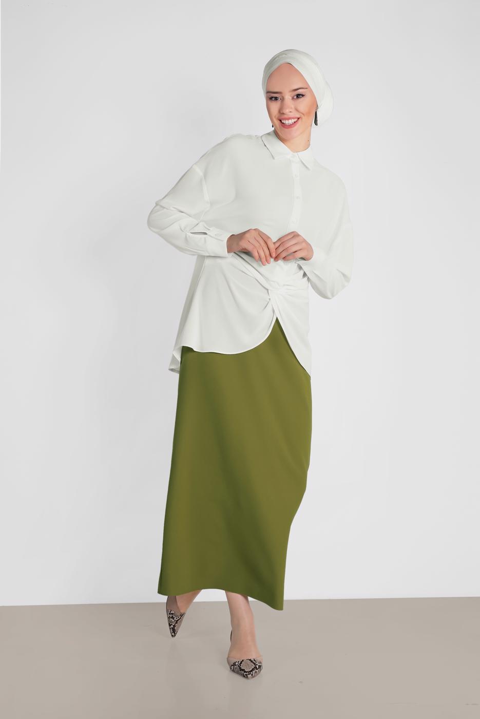 Tesettür giyim KREM ALVİNA ÖNDEN BÜZGÜLÜ BLUZ 4281