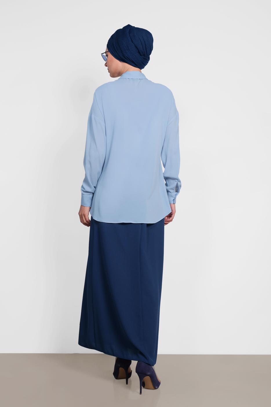 Tesettür giyim MAVİ ALVİNA ÖNDEN BÜZGÜLÜ BLUZ 4281