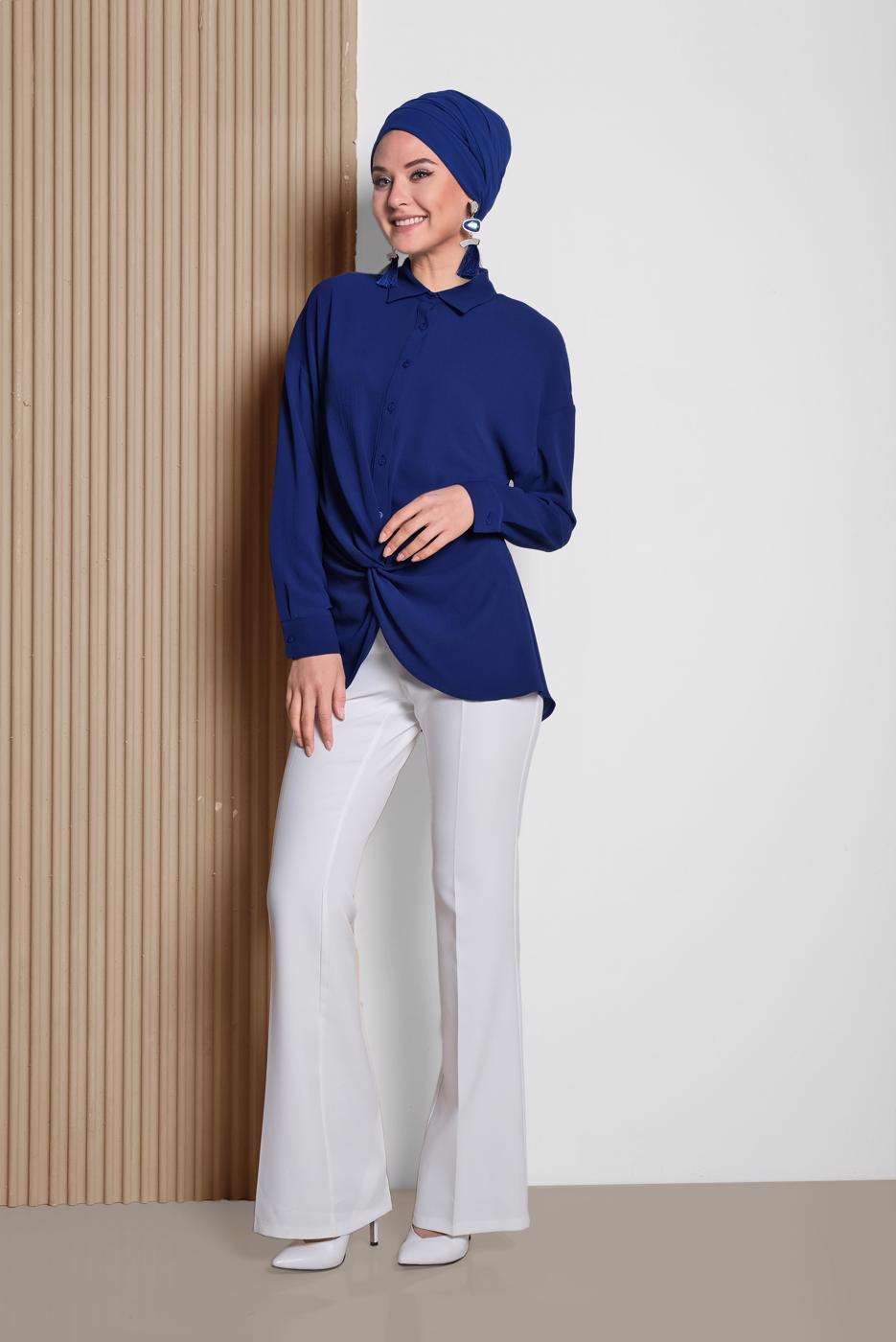 Tesettür giyim LACİVERT ALVİNA ÖNDEN BÜZGÜLÜ BLUZ 4281