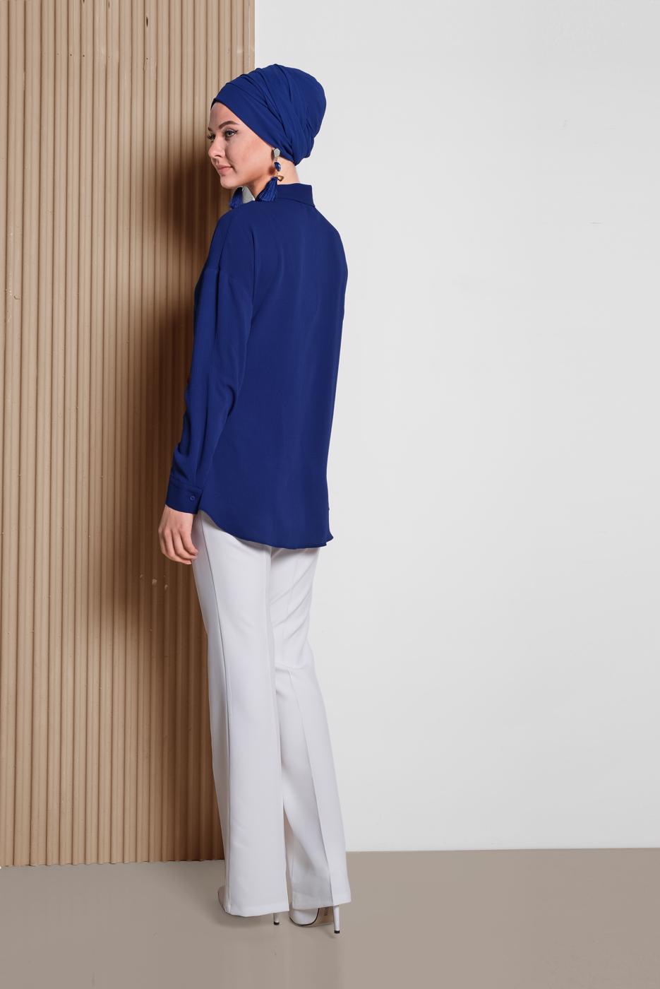 Tesettür giyim LACİVERT ALVİNA ÖNDEN BÜZGÜLÜ BLUZ 4281