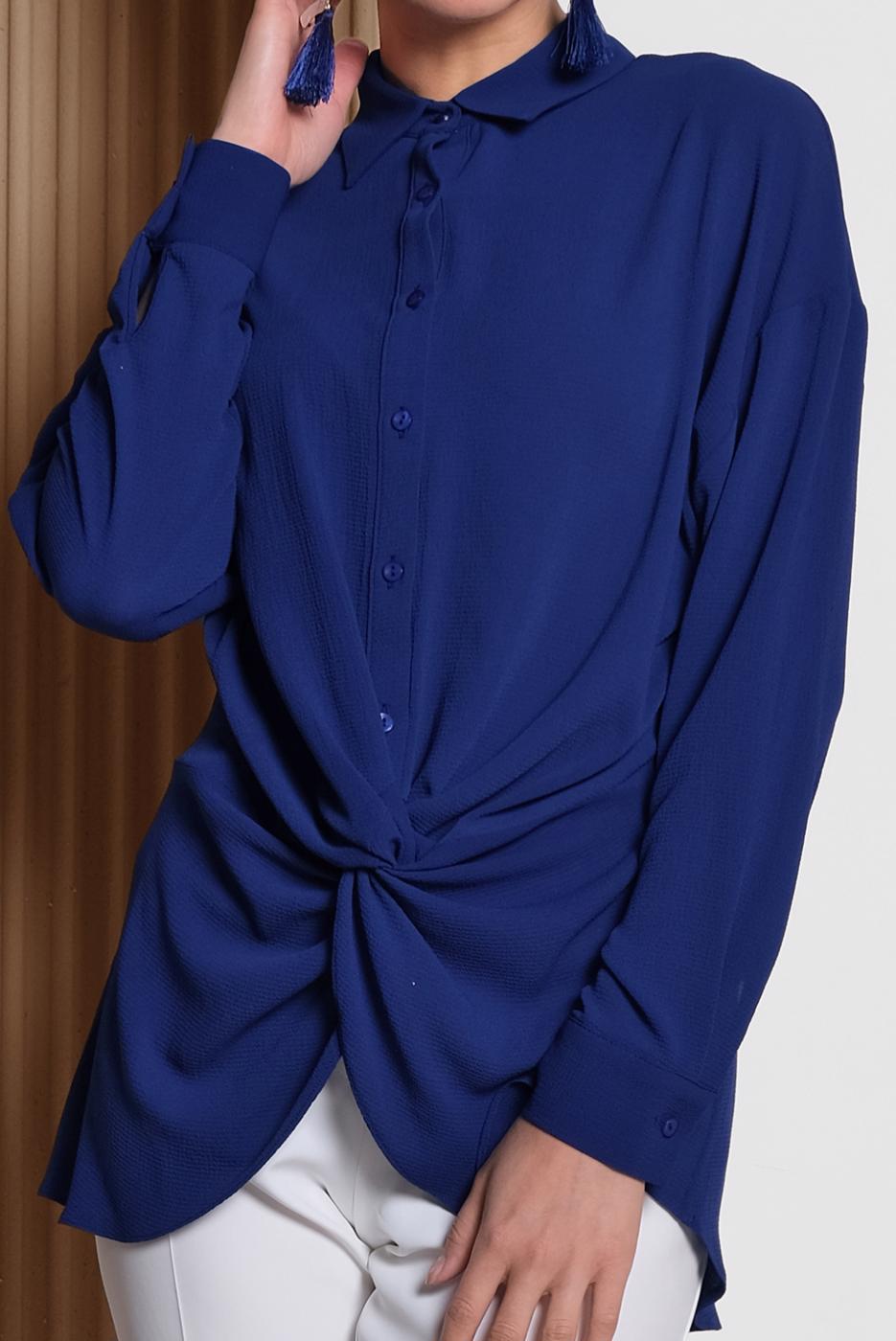 Tesettür giyim LACİVERT ALVİNA ÖNDEN BÜZGÜLÜ BLUZ 4281