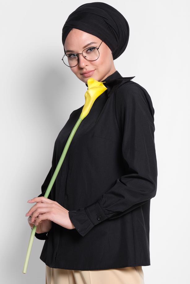 Tesettür giyim SİYAH ALVİNA FİYONK YAKA BLUZ 4372 - TRENDTESETTÜR