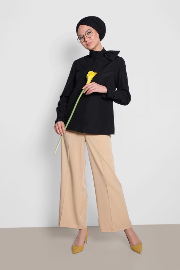 Tesettür giyim SİYAH ALVİNA FİYONK YAKA BLUZ 4372 - TRENDTESETTÜR