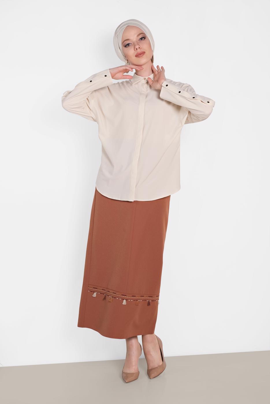 Tesettür giyim BEJ ALVİNA KOL DETAYLI BLUZ 4431
