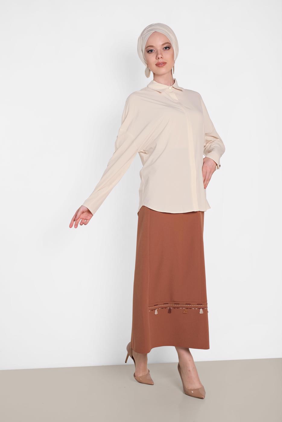 Tesettür giyim BEJ ALVİNA KOL DETAYLI BLUZ 4431