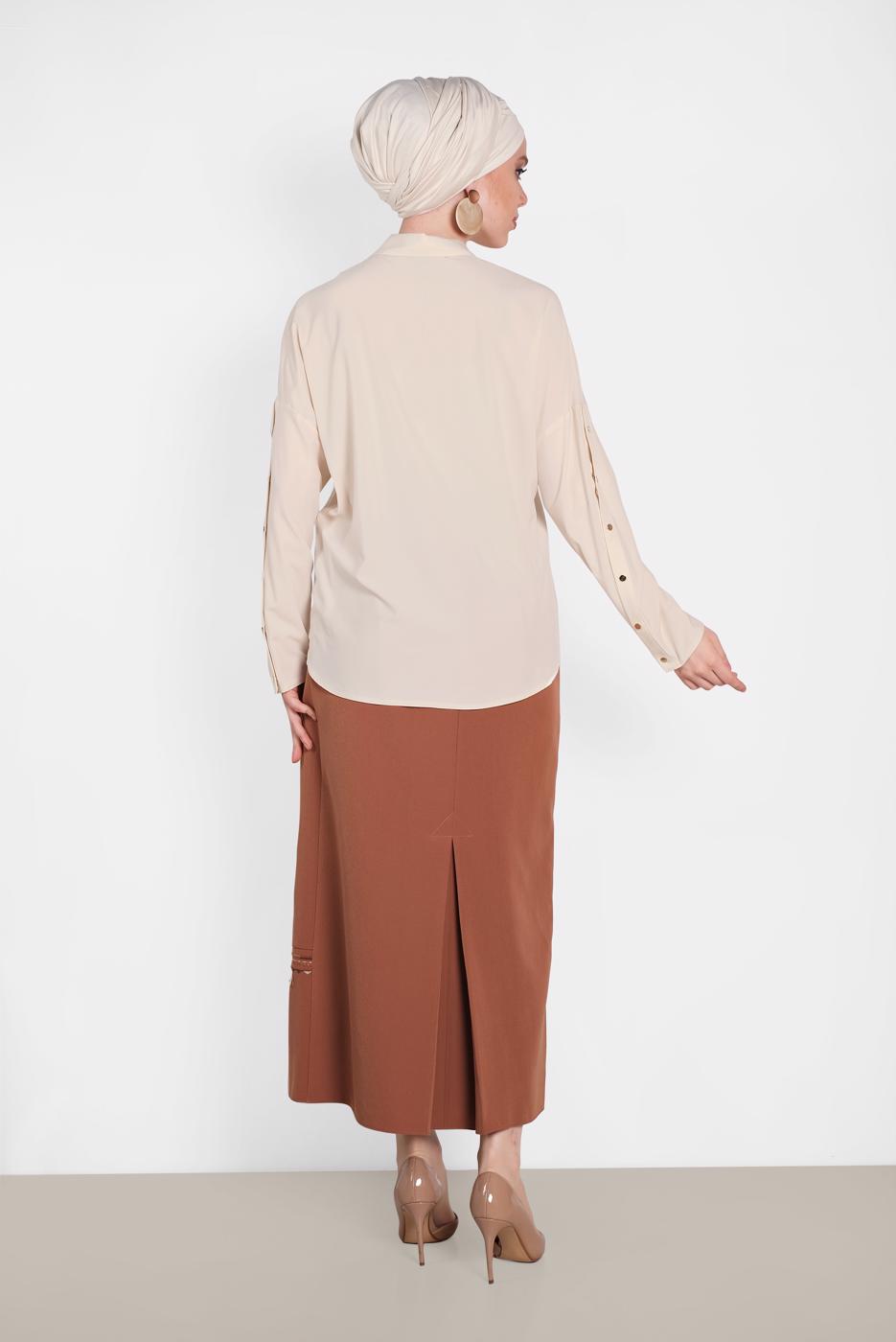 Tesettür giyim BEJ ALVİNA KOL DETAYLI BLUZ 4431