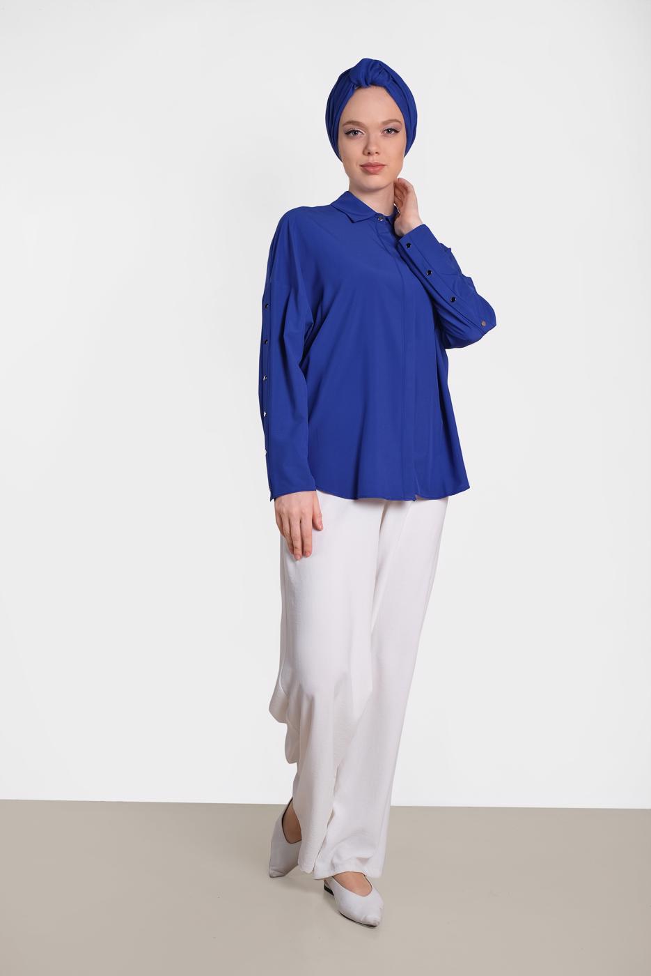 Tesettür giyim LACİVERT ALVİNA KOL DETAYLI BLUZ 4431