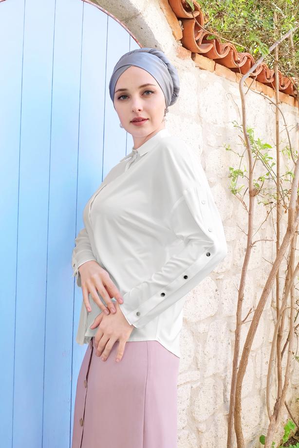 Hijab clothing CREAM SLEEVES STUDDED BLOUSE 4431 - TRENDTESETTÜR