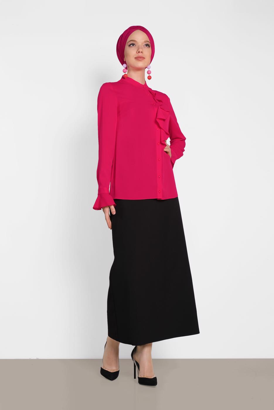Tesettür giyim FUŞYA ALVİNA YAKASI FIRFIR DETAYLI BLUZ 4459