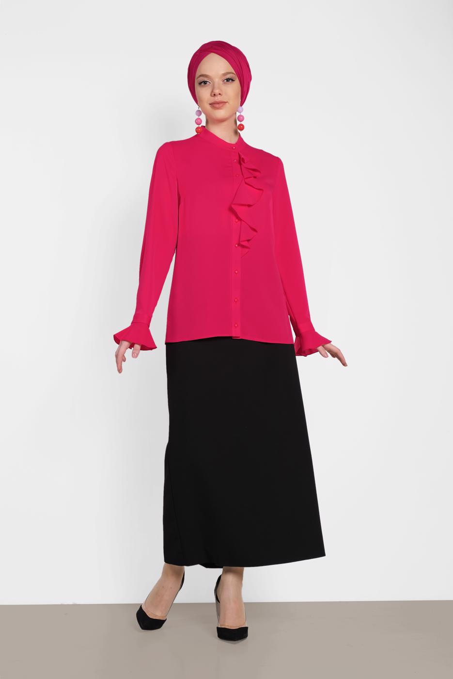 Tesettür giyim FUŞYA ALVİNA YAKASI FIRFIR DETAYLI BLUZ 4459