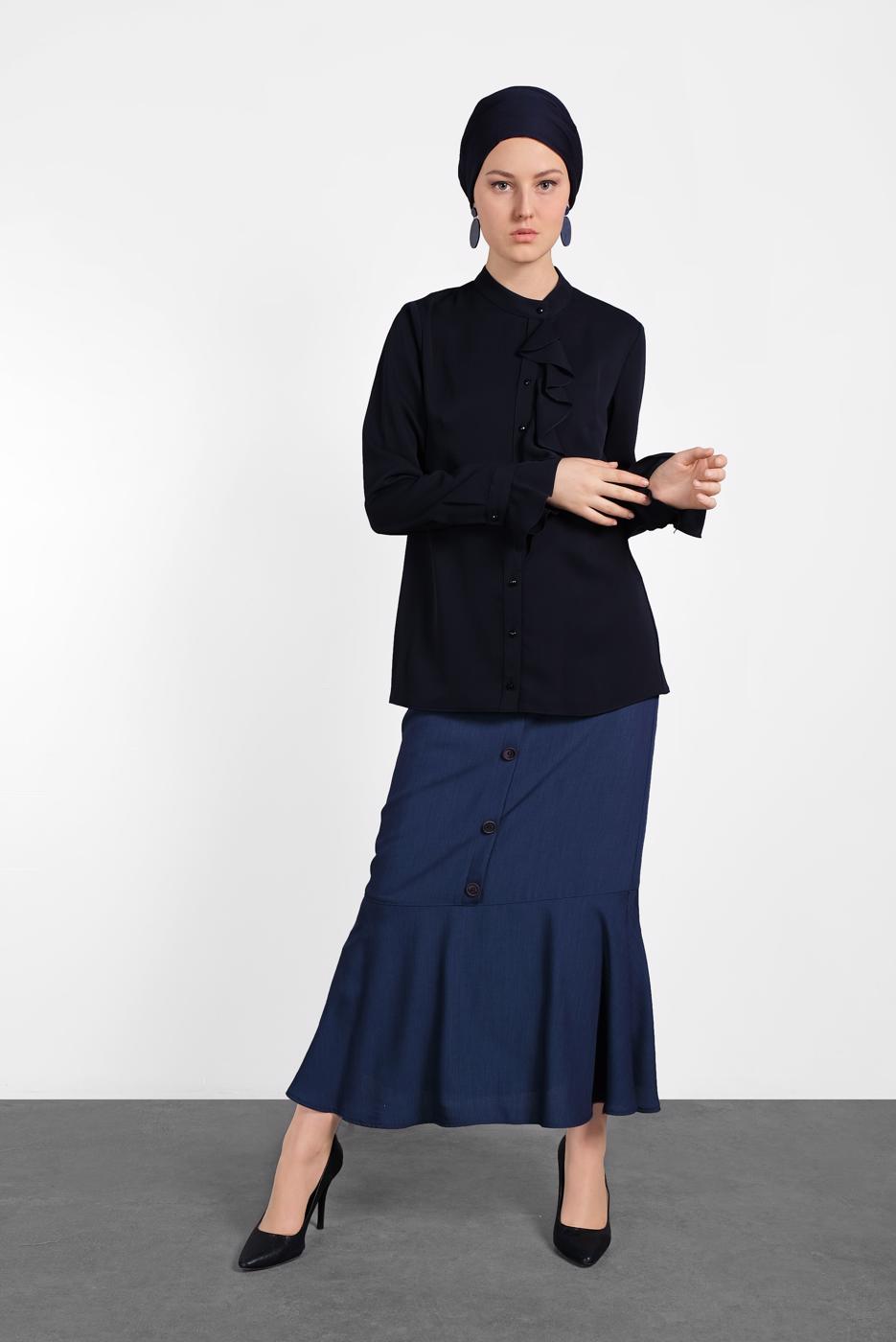 Tesettür giyim LACİVERT ALVİNA YAKASI FIRFIR DETAYLI BLUZ 4459