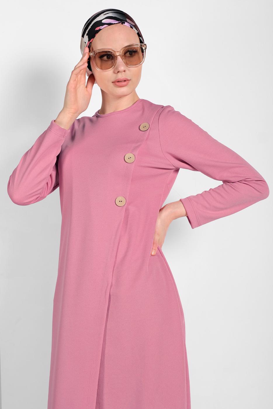 Tesettür giyim PUDRA ASİMETRİK KESİM DÜĞME DETAYLI TUNİK 4616