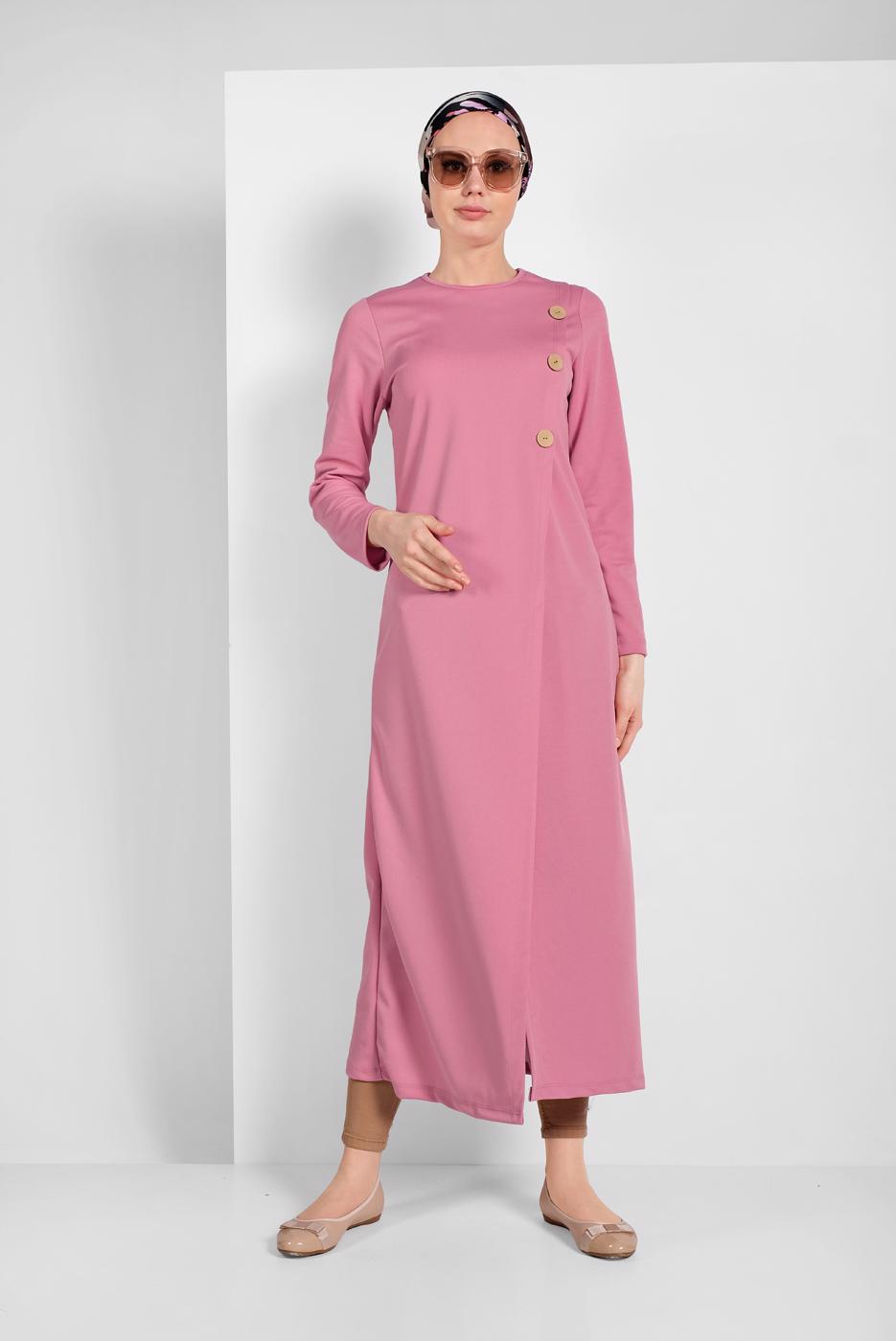 Tesettür giyim PUDRA ASİMETRİK KESİM DÜĞME DETAYLI TUNİK 4616
