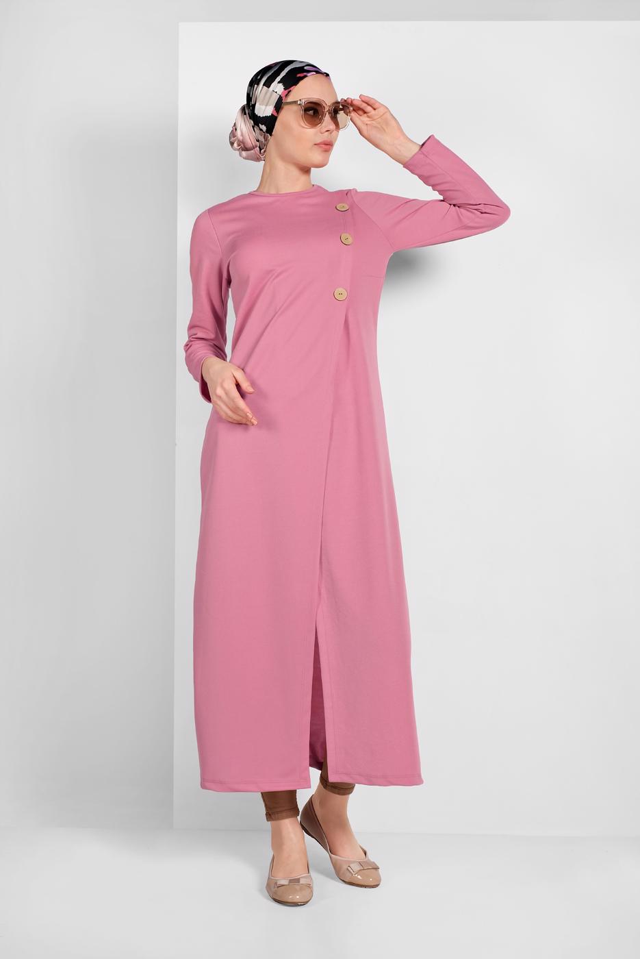 Tesettür giyim PUDRA ASİMETRİK KESİM DÜĞME DETAYLI TUNİK 4616