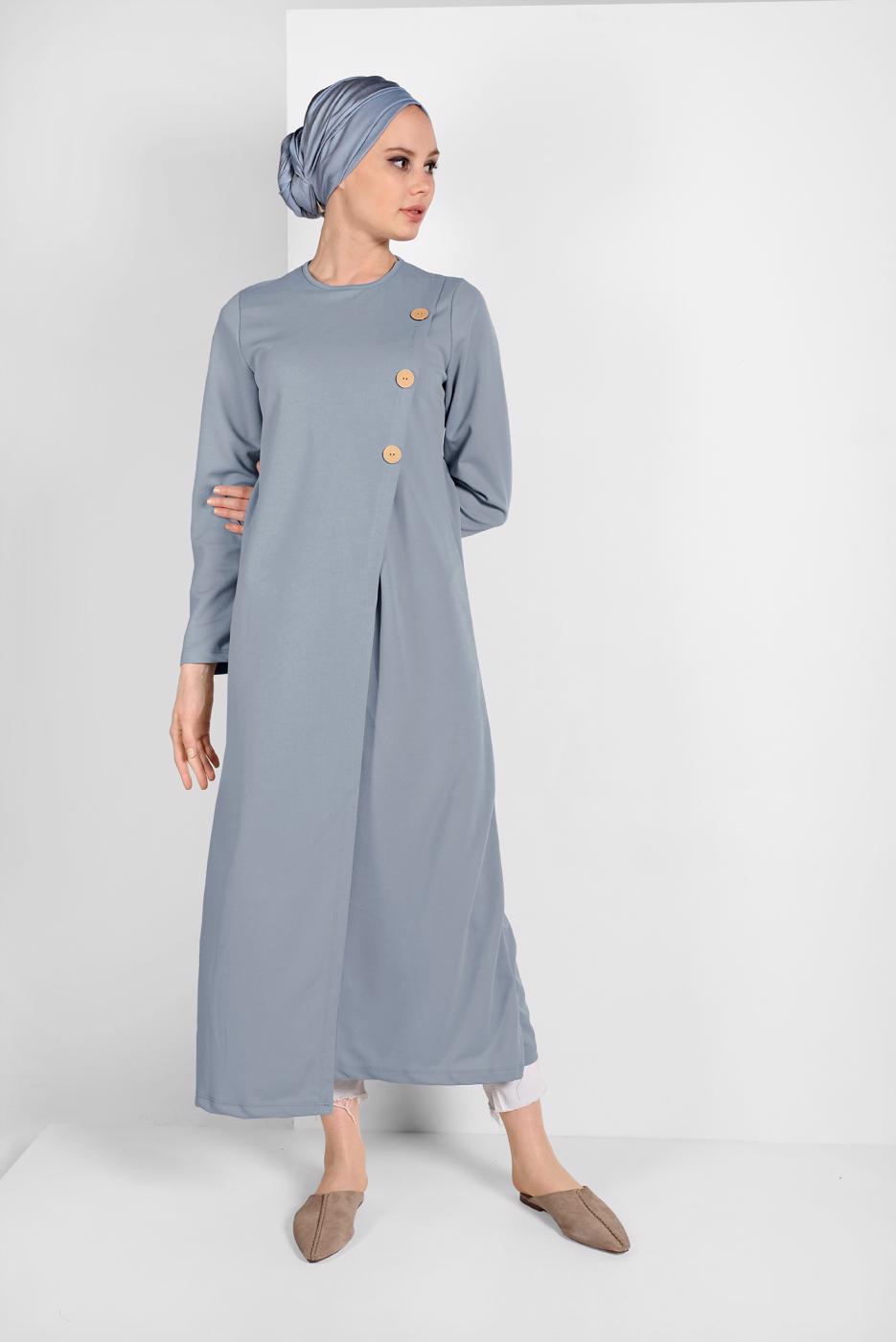 Tesettür giyim GRİ ASİMETRİK KESİM DÜĞME DETAYLI TUNİK 4616