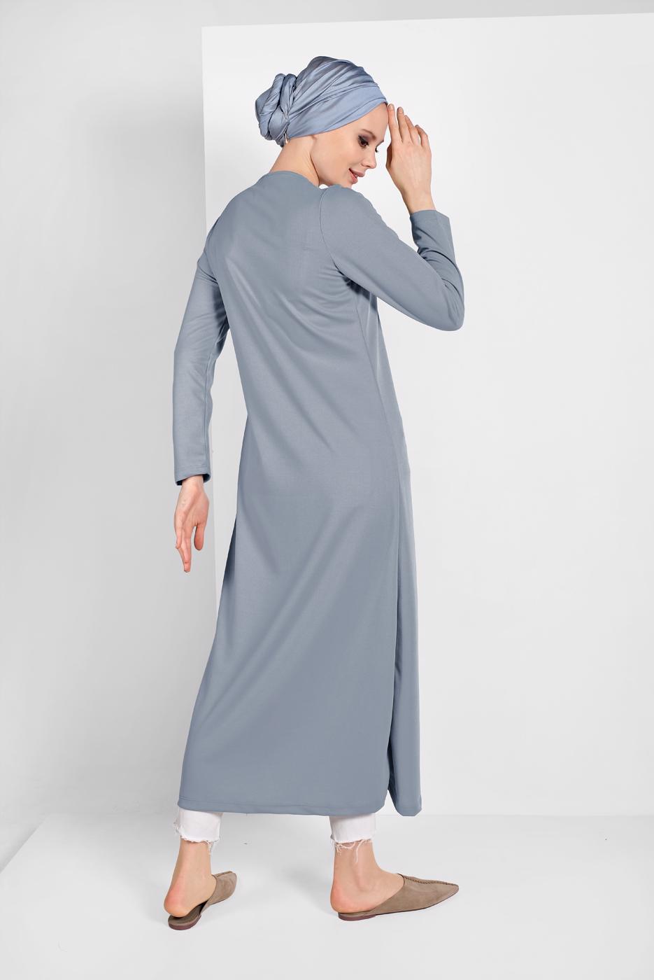 Tesettür giyim GRİ ASİMETRİK KESİM DÜĞME DETAYLI TUNİK 4616