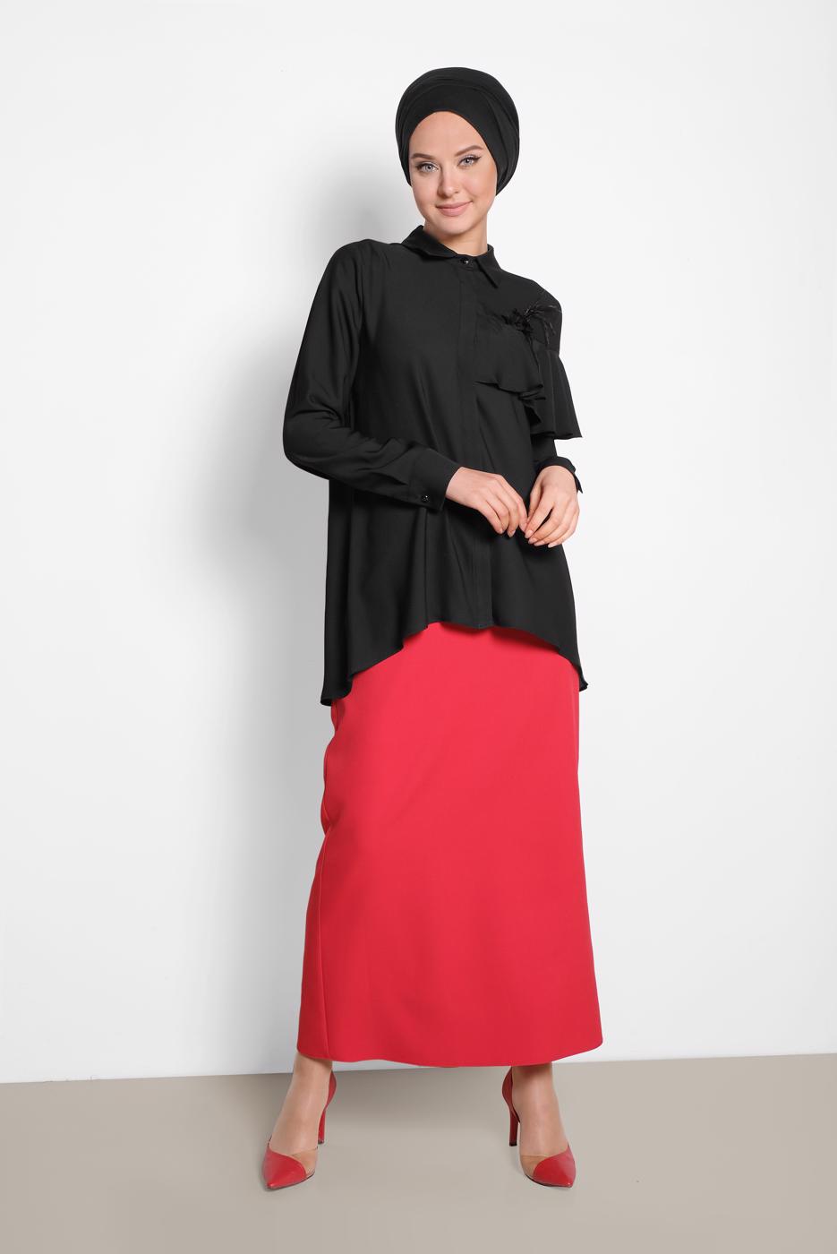 Tesettür giyim SİYAH ALVİNA FIRFIR DETAYLI BLUZ 4917