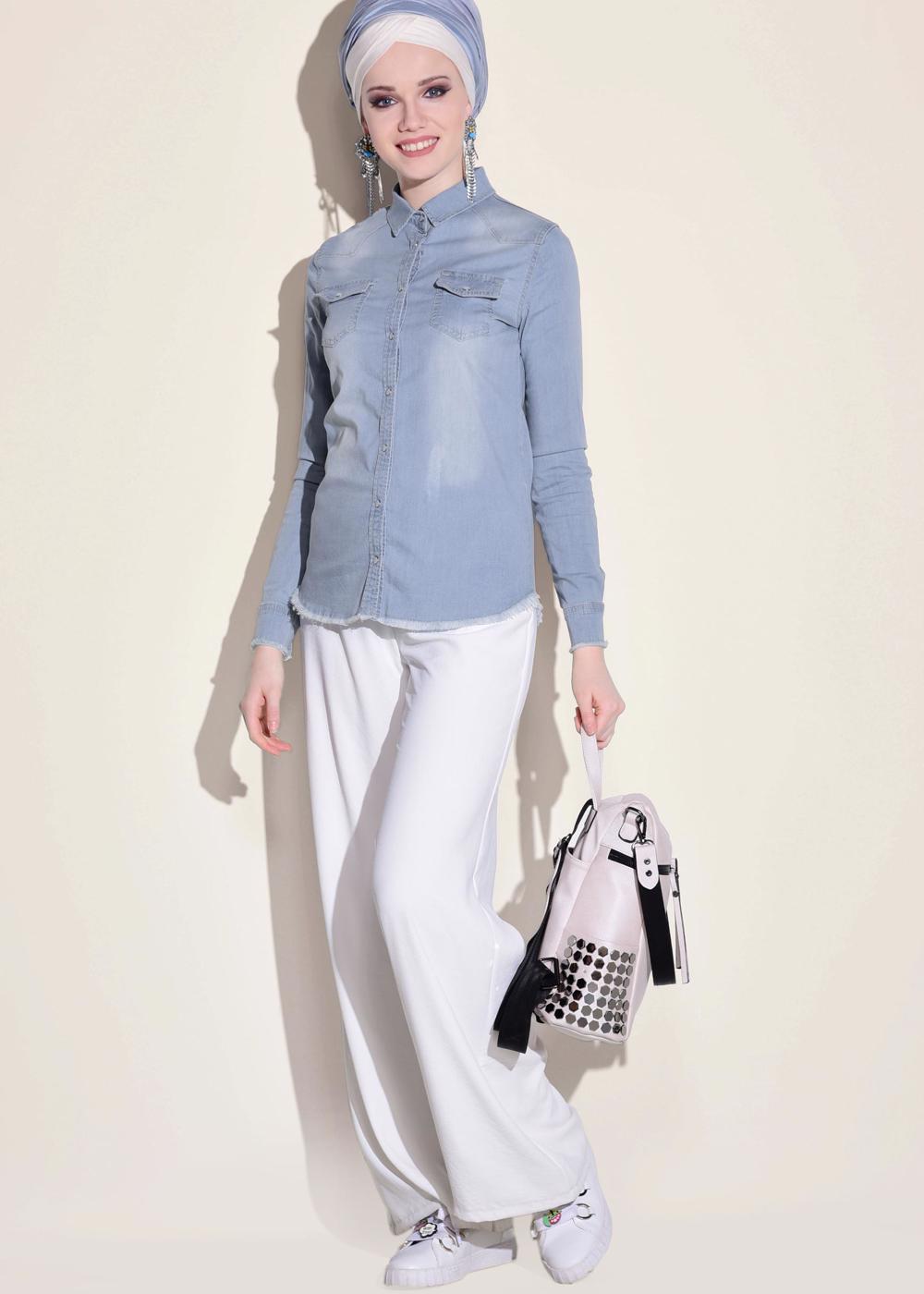 Tesettür giyim MAVİ ALVİNA ÇITÇIT DÜĞMELİ DENİM BLUZ 4956